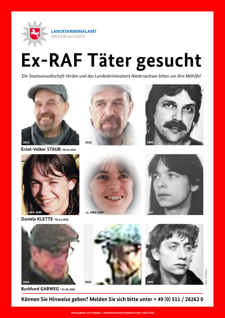 Nach den EX-RAF Tätern Ernst-Volker Straub, Daniela Klette und Burkhard Garweg wird seit Jahren gefahndet. Foto: Fahndungsplakat - LKA Niedersachsen