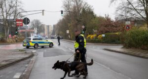 In der Glüsinger Straße in Meckelfeld verfolgten Polizisten mit einem Hund eine mögliche Spur. Foto: Joto