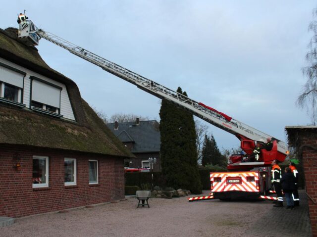 Mit Hilfe der Drehleiter der Feuerwehr Meckelfeld wurde das Storchennest renoviert. Foto: ein